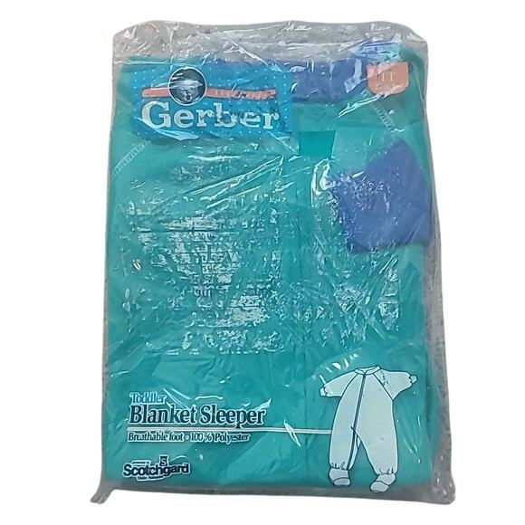 VTG 90s Gerber 1T Toddler Blanket Sleeper Green Blue Footie Pajamas NOS USA - Picture 1 of 4